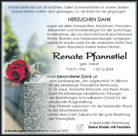 Traueranzeige von Renate Pfannstiel von Südthüringer Presse
