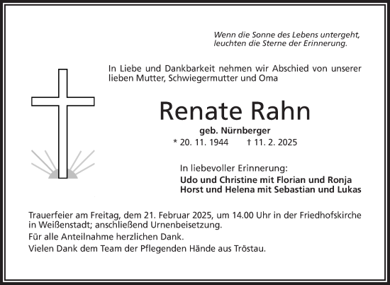 Traueranzeige von Renate Rahn von Frankenpost