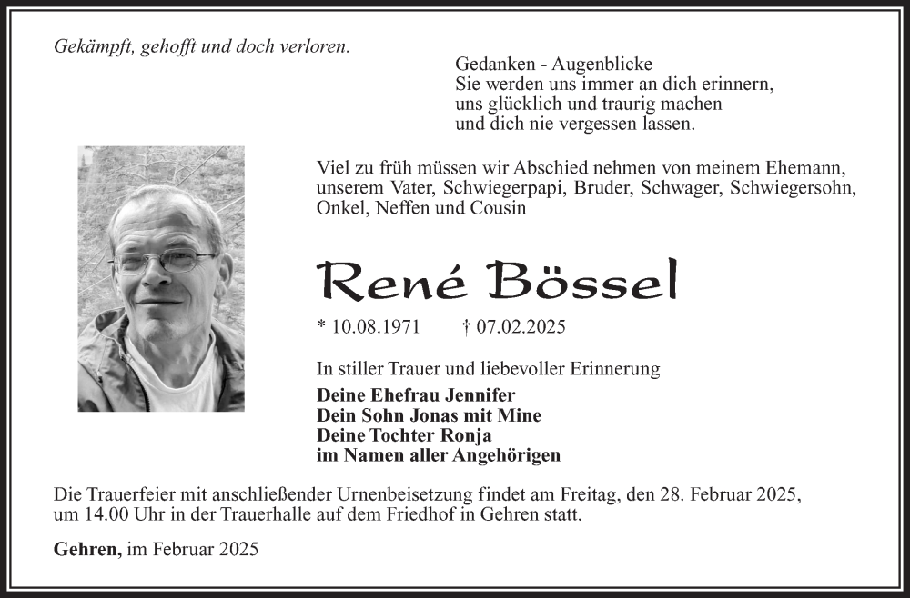 Traueranzeige für Rene Bössel vom 15.02.2025 aus Südthüringer Presse