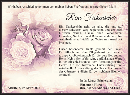 Traueranzeige von Reni Fickenscher von Südthüringer Presse