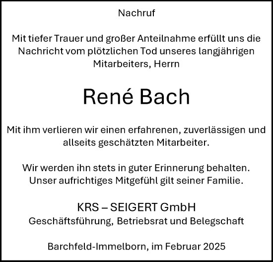 Traueranzeige von René Bach von Südthüringer Presse