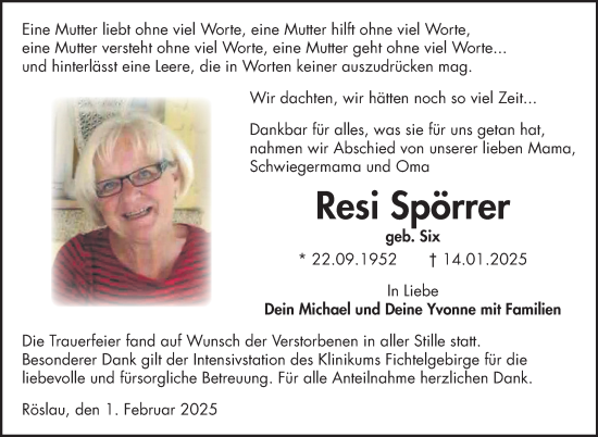 Traueranzeige von Resi Spörrer von Frankenpost
