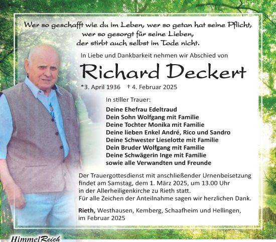 Traueranzeige von Richard Deckert von Südthüringer Presse