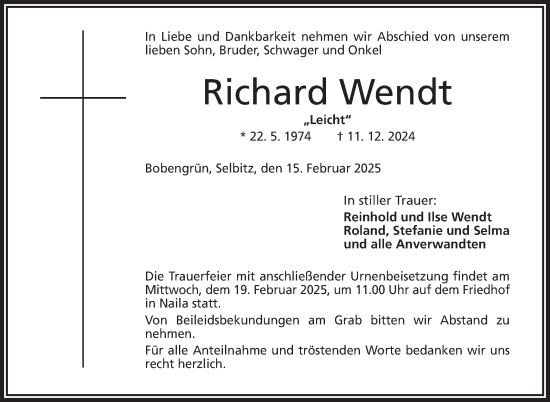Traueranzeige von Richard Wendt von Frankenpost
