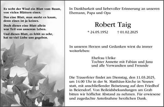 Traueranzeige von Robert Taig von Neue Presse Coburg