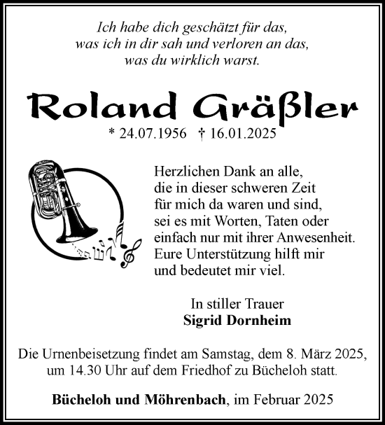 Traueranzeige von Roland Gräßler von Südthüringer Presse