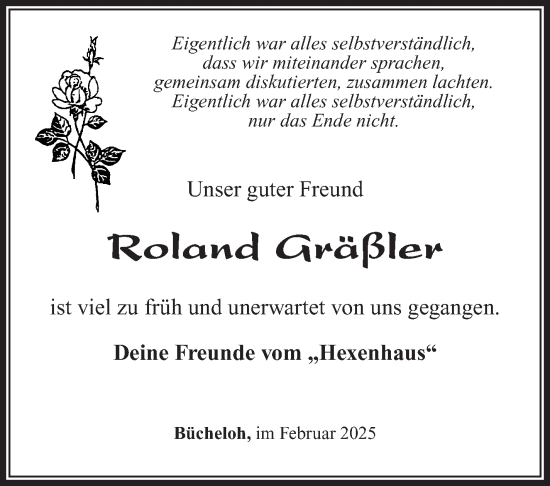 Traueranzeige von Roland Gräßler von Südthüringer Presse