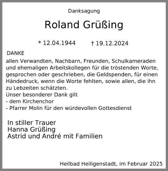 Traueranzeige von Roland Grüßing von Südthüringer Presse