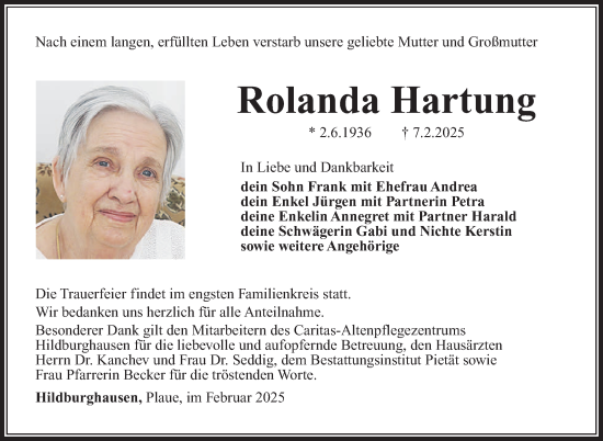 Traueranzeige von Rolanda Hartung von Südthüringer Presse