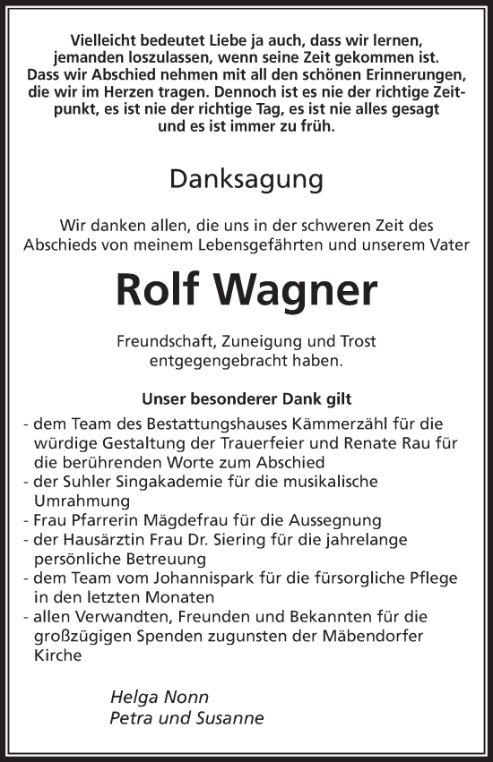 Traueranzeige von Rolf Wagner von Südthüringer Presse