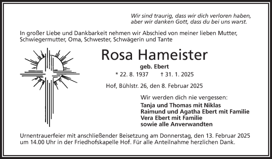 Traueranzeige von Rosa Hameister von Frankenpost