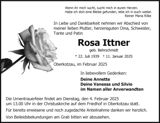Traueranzeige von Rosa Ittner von Frankenpost