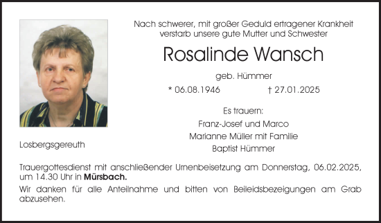 Traueranzeige von Rosalinde Wansch von Neue Presse Coburg