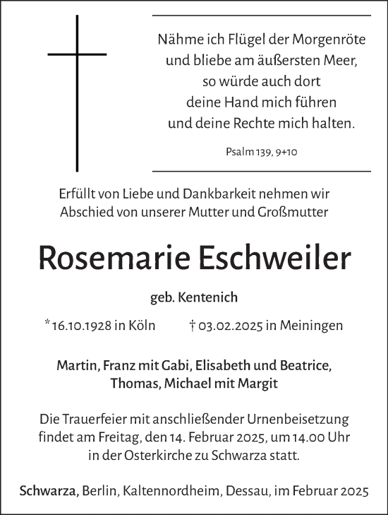 Traueranzeige von Rosemarie Eschweiler von Südthüringer Presse