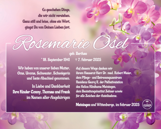Traueranzeige von Rosemarie Osel von Südthüringer Presse