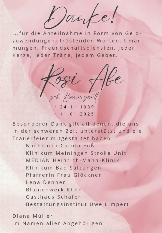 Traueranzeige von Rosi Abe von Südthüringer Presse