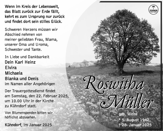 Traueranzeige von Roswitha Müller von Südthüringer Presse