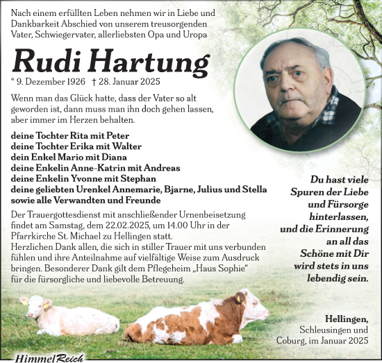 Traueranzeige von Rudi Hartung von Südthüringer Presse