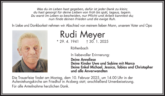 Traueranzeige von Rudi Meyer von Frankenpost