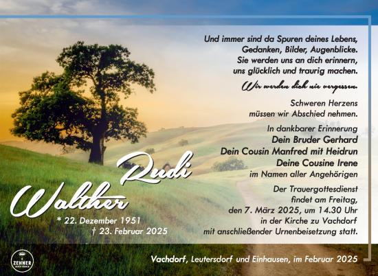 Traueranzeige von Rudi Walther von Südthüringer Presse