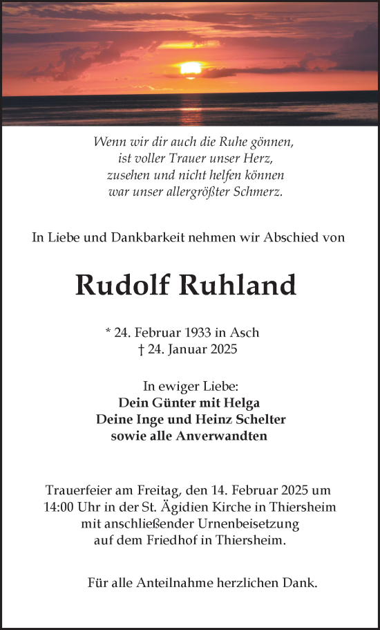 Traueranzeige von Rudolf Ruhland von Frankenpost