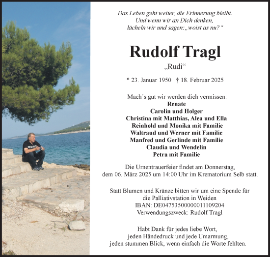 Traueranzeige von Rudolf Tragl von Frankenpost