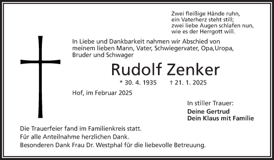 Traueranzeige von Rudolf Zenker von Frankenpost