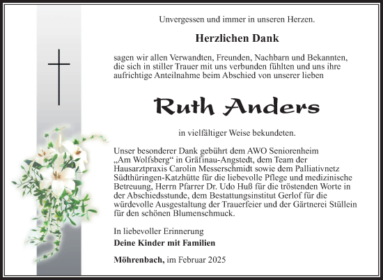 Traueranzeige von Ruth Anders von Südthüringer Presse