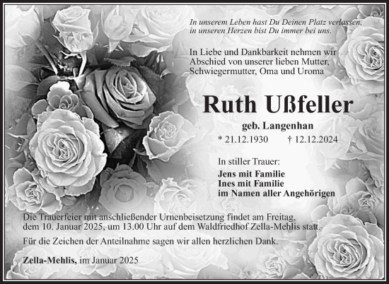 Traueranzeige von Ruth Ußfeller von Südthüringer Presse
