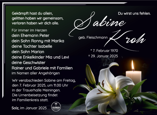 Traueranzeige von Sabine Kroh von Südthüringer Presse