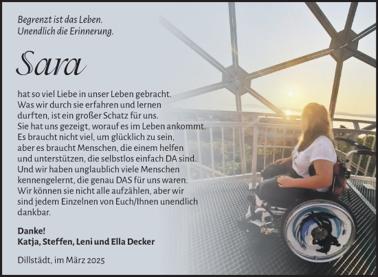 Traueranzeige von Sara Decker von Südthüringer Presse