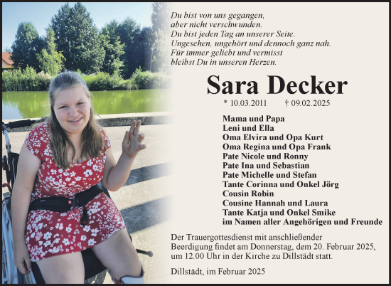 Traueranzeige von Sara Decker von Südthüringer Presse
