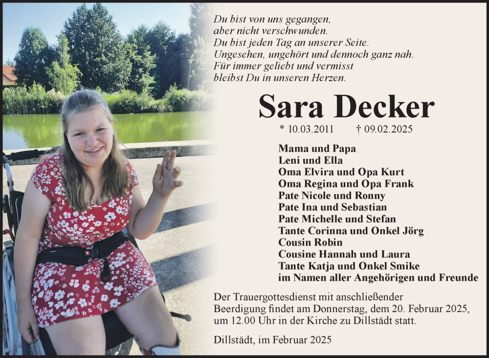  Traueranzeige für Sara Decker vom 15.02.2025 aus Südthüringer Presse