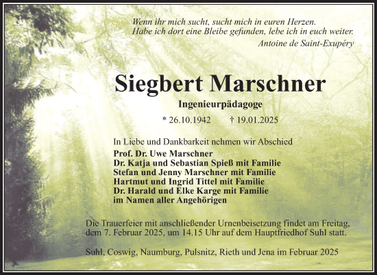 Traueranzeige von Siegbert Marschner von Südthüringer Presse