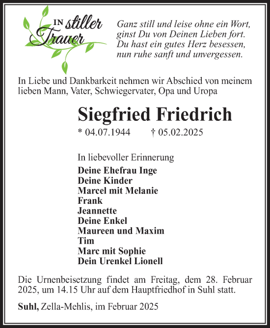 Traueranzeige von Siegfried Friedrich von Südthüringer Presse