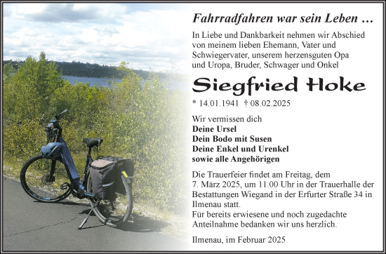 Traueranzeige von Siegfried Hoke von Südthüringer Presse