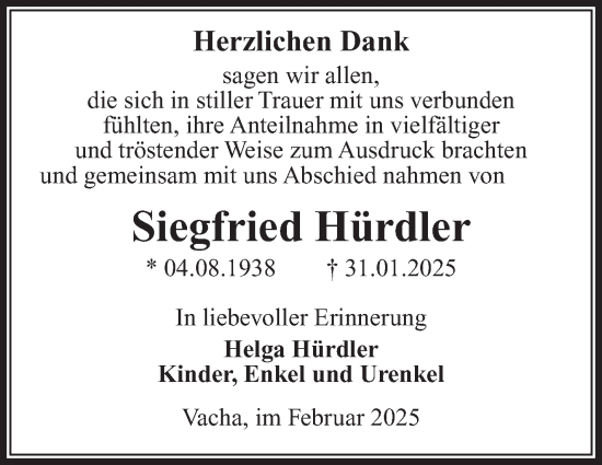 Traueranzeige von Siegfried Hürdler von Südthüringer Presse