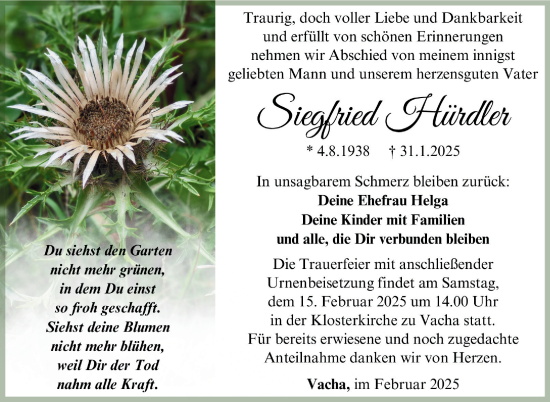 Traueranzeige von Siegfried Hürdler von Südthüringer Presse