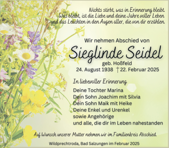 Traueranzeige von Sieglinde Seidel von Südthüringer Presse