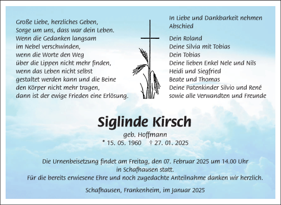 Traueranzeige von Siglinde Kirsch von Südthüringer Presse