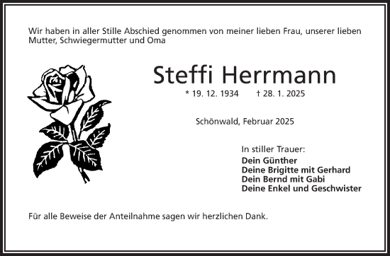 Traueranzeige von Steffi Herrmann von Frankenpost