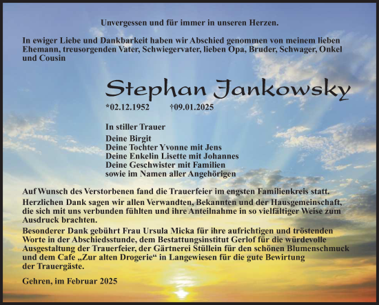 Traueranzeige von Stephan Jankowsky von Südthüringer Presse