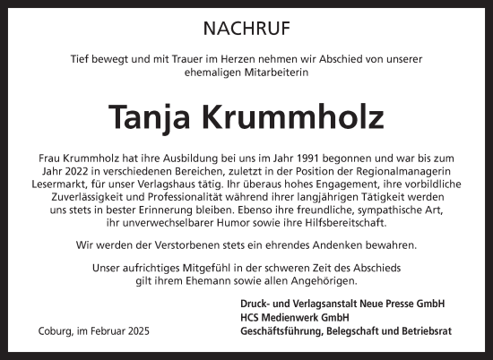 Traueranzeige von Tanja Krummholz von Neue Presse Coburg