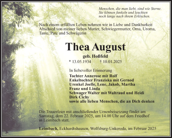 Traueranzeige von Thea August von Südthüringer Presse