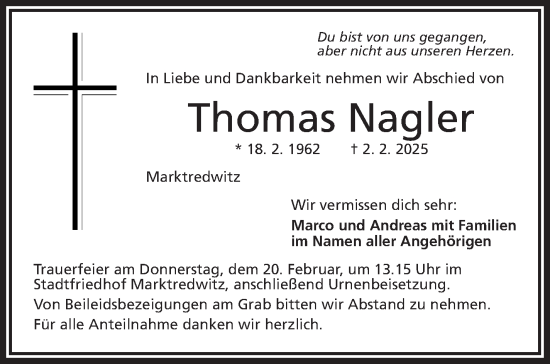 Traueranzeige von Thomas Nagler von Frankenpost