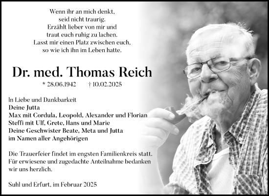 Traueranzeige von Thomas Reich von Südthüringer Presse