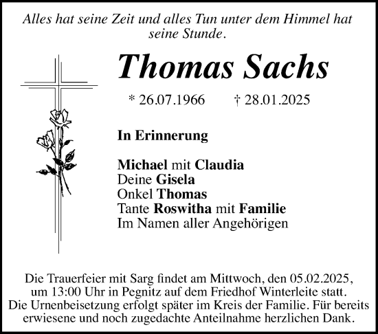 Traueranzeige von Thomas Sachs von Südthüringer Presse