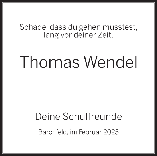 Traueranzeige von Thomas Wendel von Südthüringer Presse