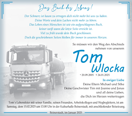 Traueranzeige von Tom Wlocka von Südthüringer Presse