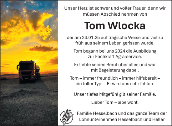 Traueranzeige von Tom Wlocka von Südthüringer Presse